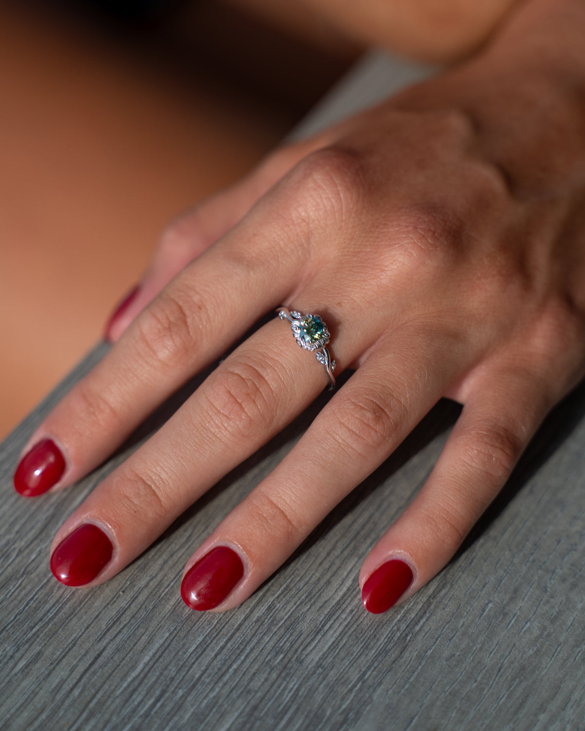 Green Mossanite Flower Ring