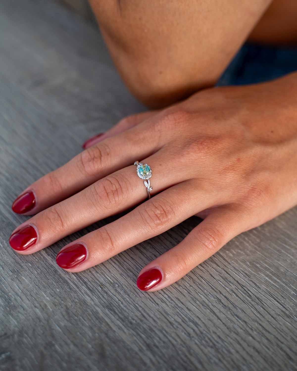 Green Mossanite Flower Ring